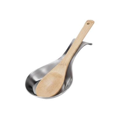 Wooden spoon on a metal ladle against a white background