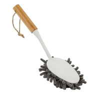 Cleaning brush with wooden handle and gray bristles on a white background