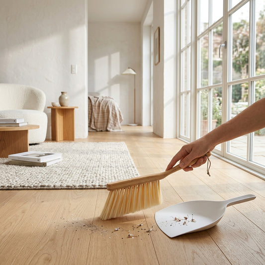 Dustpan set featuring a TPR brush with bamboo handle for easy cleaning and a compact shovel for household use.
