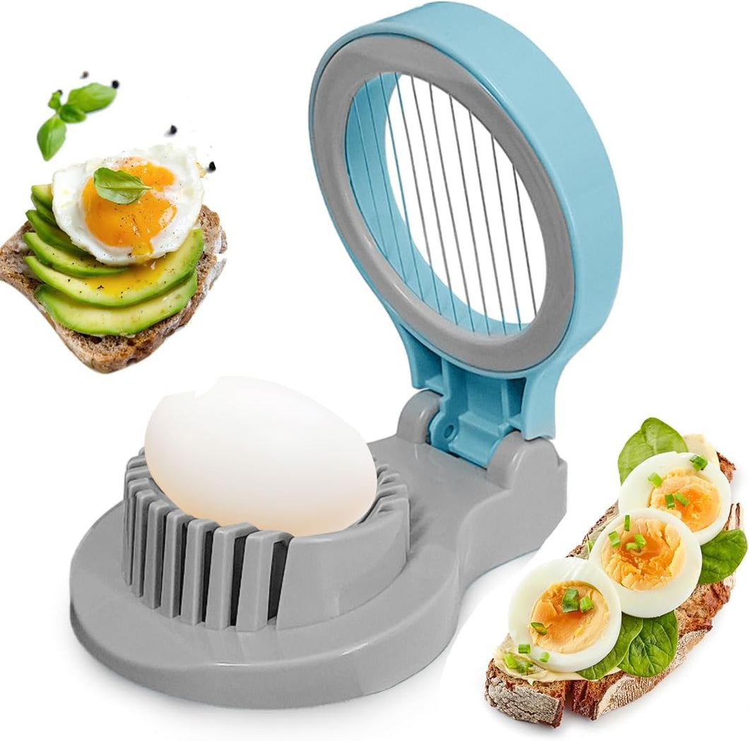 Egg slicer with slices of avocado and egg on toast, on a white background