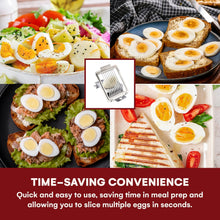 Load image into Gallery viewer, A collage showing multiple breakfast food preparations with sliced hard-boiled eggs on toast, salad, and sandwich, plus a small inset photo of a metal egg slicer. Large text at the bottom reads 'TIME-SAVING CONVENIENCE' with a descriptive marketing claim about quick, easy egg slicing.
