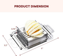Load image into Gallery viewer, A stainless steel multi-slice food cutter shown on a white background with dimension lines and text reading 'PRODUCT DIMENSION,' indicating 6 inches by 3.2 inches by 0.
