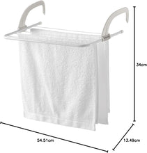 Load image into Gallery viewer, Towel rack with a white towel and measurements on a white background
