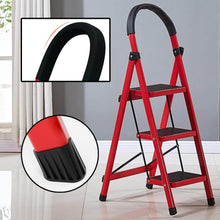 Load image into Gallery viewer, Red step ladder with close-up insets of handle and sole on a light background
