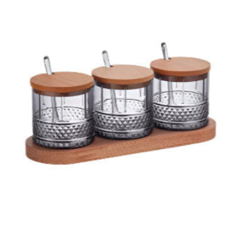 Food Storage Containers set - Acrylic Canisters With Wooden Lid , Spoons & Wooden Tray - Set of 3