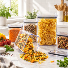 تحميل الصورة في عارض المعرض، Clear storage containers with pasta on a wooden surface
