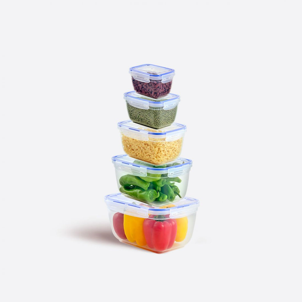 Stack of five clear food storage containers with lids on a white background