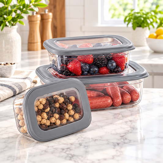 A set of three gray food storage containers with corresponding transparent silicone lids, filled with various food items like meat, vegetables, and fruits.