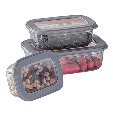 A set of three gray food storage containers with corresponding transparent silicone lids, filled with various food items like meat, vegetables, and fruits.