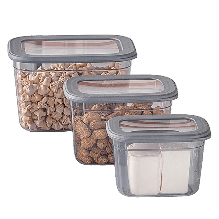 A set of three clear food storage containers with corresponding gray silicone lids, filled with different types of dry food items like nuts and grains.