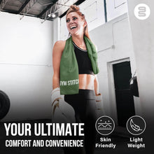 Load image into Gallery viewer, Woman in a gym setting with a green towel, text &#39;Your Ultimate Comfort and Convenience&#39;, and icons for skin friendliness and light weight.
