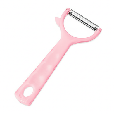 Pink ergonomic Y-shaped peeler for fruits and vegetables with stainless steel blade.