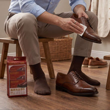 تحميل الصورة في عارض المعرض، 64-Piece Leather Shoe Polish Cleaning Wipes - 3-in-1 Instant Shine &amp; Dirt Remover for Shoes, Bags &amp; Leather being used on leather shoes.
