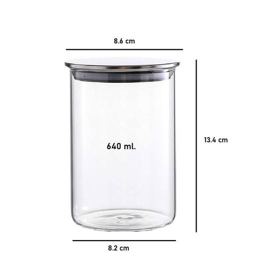 Glass Storage Container with Stainless Steel Lid - 640 ml Airtight Kitchen Storage Jar