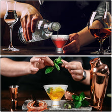 Load image into Gallery viewer, Collage of a bartender pouring a drink and garnishing a cocktail with mint leaves.
