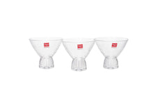 Load image into Gallery viewer, Three clear cocktail glasses with red logo on a white background
