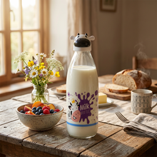 Load image into Gallery viewer, Printed clear glass milk bottle with cow-shaped lid
