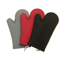 Load image into Gallery viewer, Three silicone gloves in red, gray, and black colors, padded with cotton and designed to withstand high temperatures.
