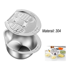 Load image into Gallery viewer, Stainless steel kitchen tool with three different grating or shredding surfaces, labeled &#39;Materail: 304&#39;.
