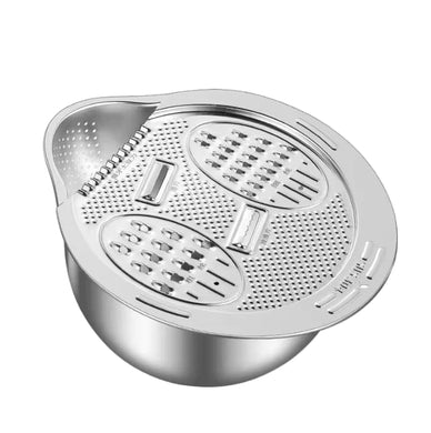 Multifunction stainless steel 8-in-1 bowl with interchangeable grater and slicer lids for effortless food preparation.