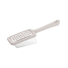 Load image into Gallery viewer, Stainless steel cheese grater with a container and ergonomic handle, featuring a flat surface with grating lines.
