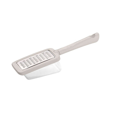 Stainless steel cheese grater with a container and ergonomic handle, featuring a flat surface with grating lines.