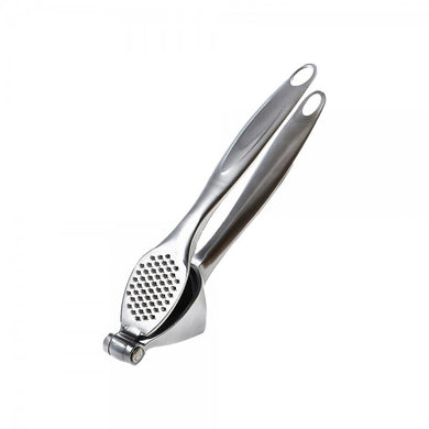 Metallic garlic press on a white background
