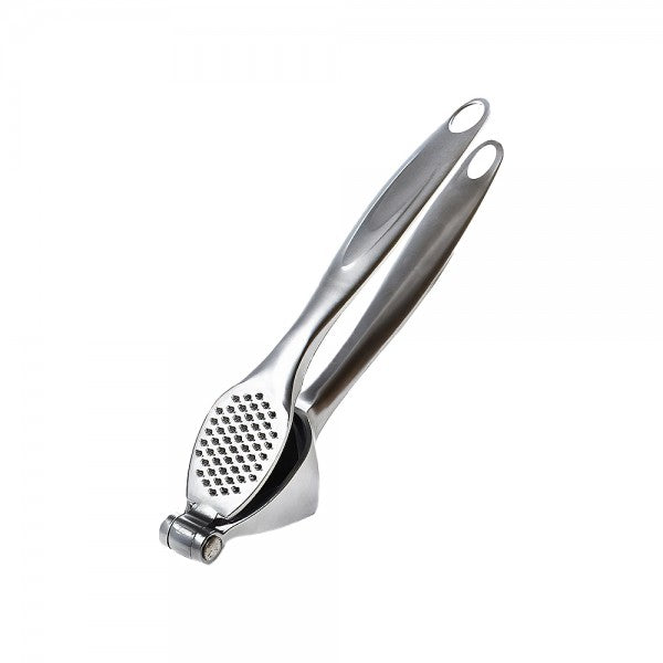 Metallic garlic press on a white background