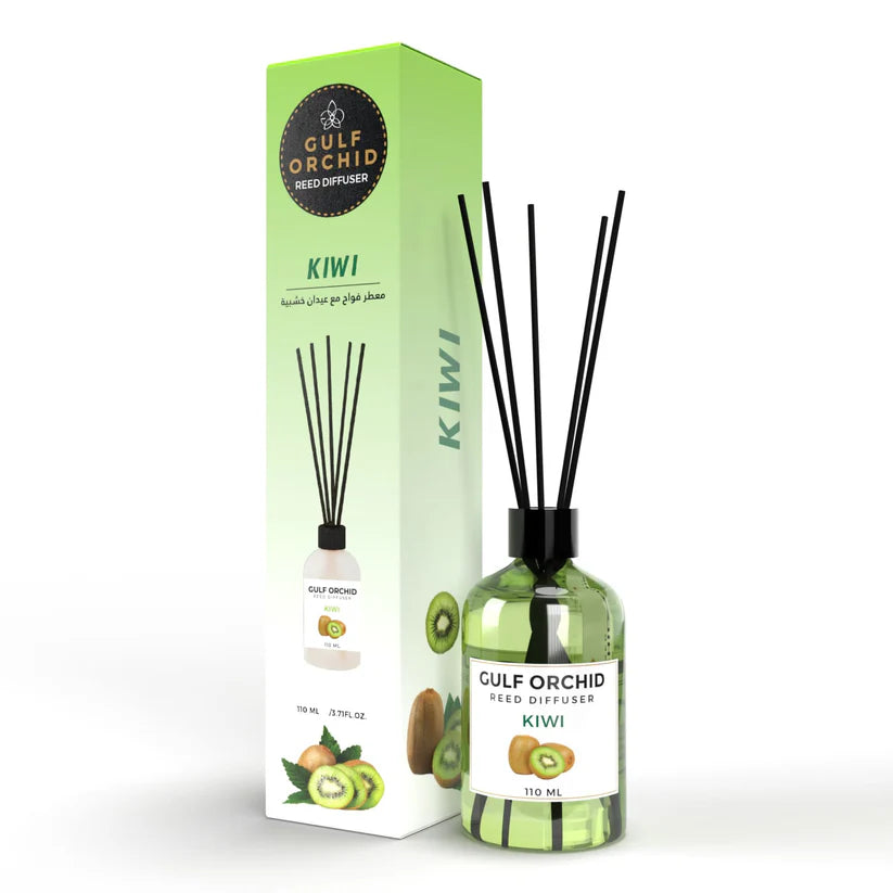 Gulf Orchid Kiwi Reed Diffuser with packaging on a white background