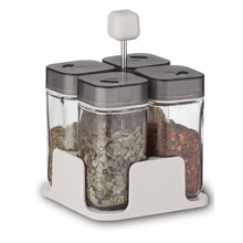Load image into Gallery viewer, Shakers - Glass Spice seasoning jars Set of 4 with Plastic Lids &amp; Holder displayed in a compact holder.
