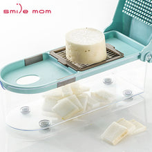 Load image into Gallery viewer, 3 Blades Vegetables Slicer | Professional Manual Chopper in use with sliced vegetables displayed in a clear container.
