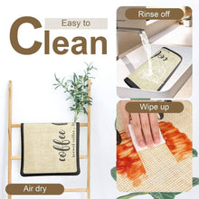 Load image into Gallery viewer, Textured mat with &#39;coffee brewed for you&#39; text, shown being rinsed off and wiped up, with &#39;Easy to Clean&#39; text above.
