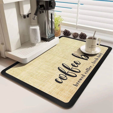 Kitchen mat with 'coffee bar' text in front of a coffee machine.
