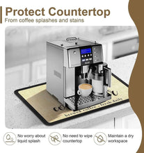 Load image into Gallery viewer, Coffee machine on a protective mat with text about protecting countertops from coffee splashes and stains.
