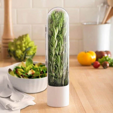 Herb fridge capsule with fresh rosemary, ideal for preserving herbs and keeping vegetables moist.