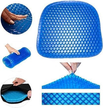 تحميل الصورة في عارض المعرض، Blue gel seat cushion with honeycomb pattern, shown from different angles.
