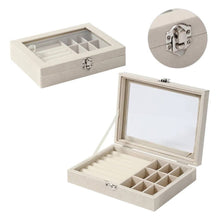 Load image into Gallery viewer, Beige jewelry box with mirror lid and divided compartments on a white background

