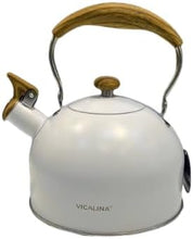 Load image into Gallery viewer, White kettle with wooden handles on a white background, featuring the Vicalina brand.
