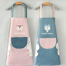 Load image into Gallery viewer, Two aprons with cartoon deer designs and &#39;Happy Endy&#39; text on a gray background
