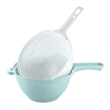 تحميل الصورة في عارض المعرض، A set of kitchen strainers and colanders in pastel colors, including a large white strainer with a light blue base bowl, shown on a plain white background.
