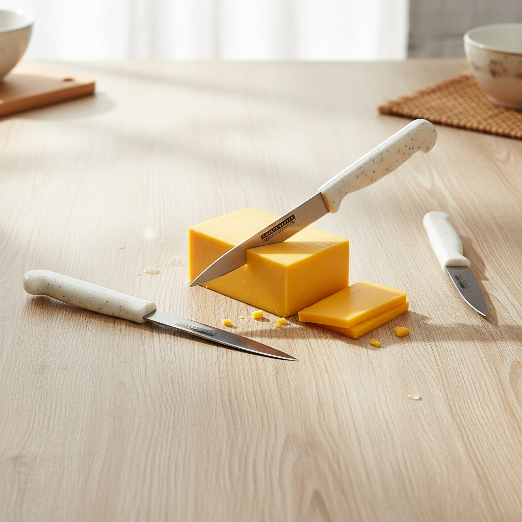 Two pieces of cheese with knives on a wooden surface