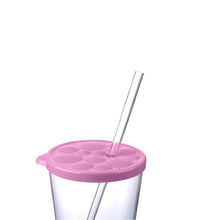 Load image into Gallery viewer, A clear plastic tumbler with a pink lid featuring circular cutouts and a clear straw, shown against a plain white background.
