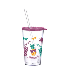 Load image into Gallery viewer, A clear plastic tumbler with a purple lid and clear straw, decorated with colorful tropical graphics including a pineapple, cocktail glasses, sunglasses, palm tree, and the word 'Summer'.
