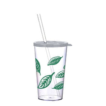 Load image into Gallery viewer, A clear plastic travel tumbler with a gray lid and two clear straws, decorated with a green leaf pattern, shown against a plain white background.

