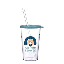 Load image into Gallery viewer, A clear plastic tumbler with a teal lid and clear straws, featuring a dark teal and peach rainbow graphic with the text 'MAKE TODAY A GOOD DAY' on the front.
