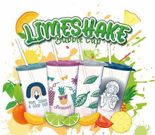 Load image into Gallery viewer, Promotional graphic for Tifz Limeshake Bubble Cup, showing four illustrated takeaway cups with straws decorated with tropical fruit and rainbow designs, surrounded by citrus slices, lime wedges, and pineapple on a white background with colorful splash accents.
