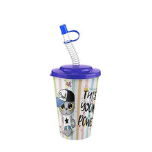 تحميل الصورة في عارض المعرض، A plastic travel tumbler with a purple lid and a coiled straw, decorated with a cartoon cat wearing a cap that says 'Cool' and the text 'THIS YOUR POWER' on a striped background.

