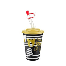 تحميل الصورة في عارض المعرض، A black and white striped plastic tumbler cup with a yellow lid, featuring a cartoon bear face and the text 'Be the VERA YESTERDAY' on the front. It is shown with a coiled clear straw and a red cap on a solid white background.
