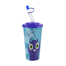 تحميل الصورة في عارض المعرض، A purple and blue plastic cup with a matching lid and coiled straw, featuring a cartoon monster face and the text 'let's have fun!' on a white background.
