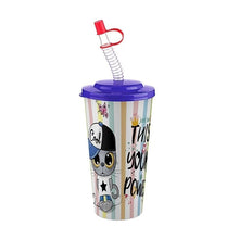 تحميل الصورة في عارض المعرض، A clear plastic tumbler with a purple lid and a red-and-clear coiled straw, decorated with a cartoon cat wearing a cap and the text 'THIS YOUR POWER'.
